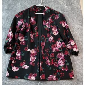 Lane Bryant Knit Blazer Size 14/16 Open Front Pink Black Floral Pockets Jacket